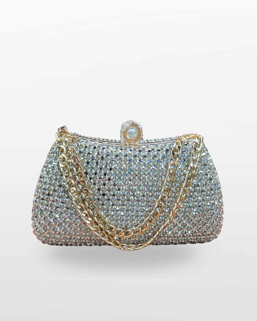 Elegant Crystal Mesh Chain Clutch – Silver & Gold