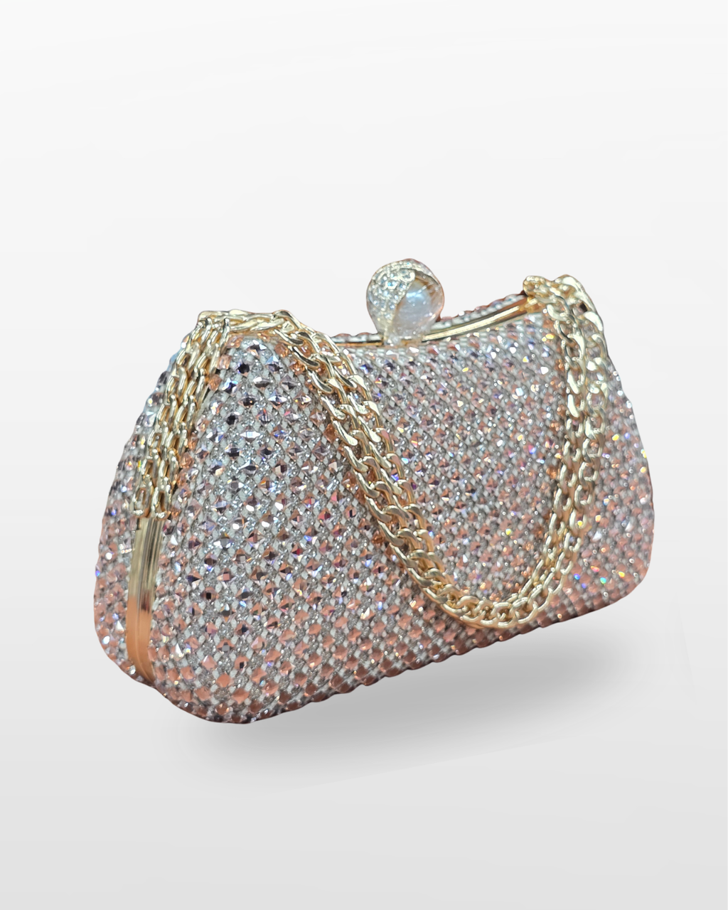 Elegant Crystal Mesh Chain Clutch – Silver & Gold