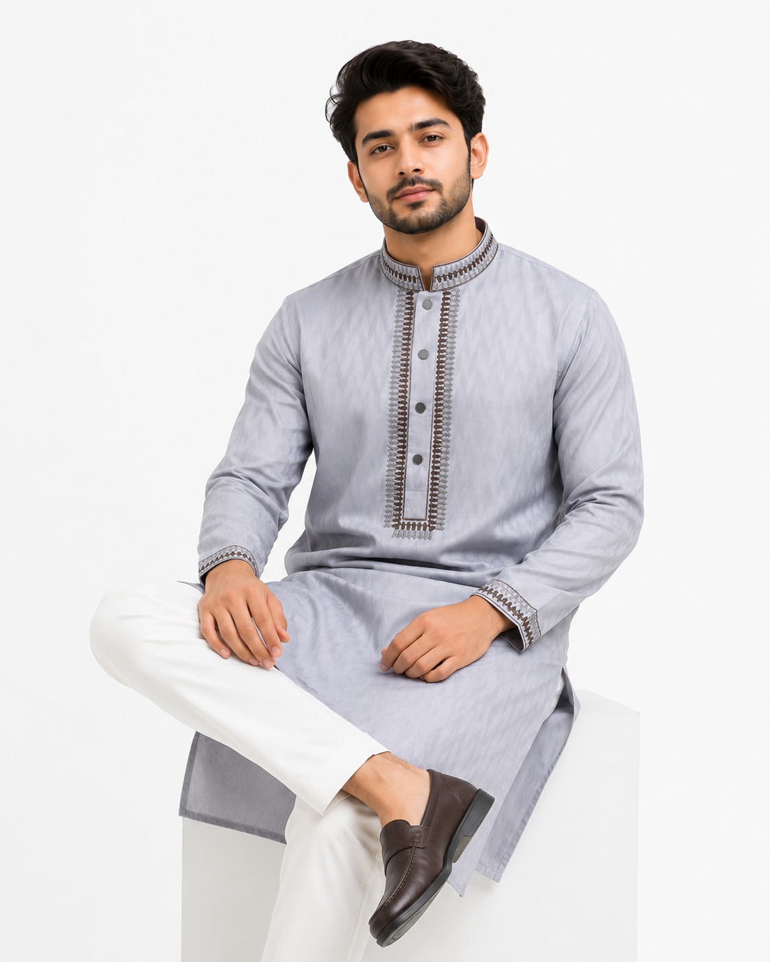 Silver Grey Embroidered Panjabi
