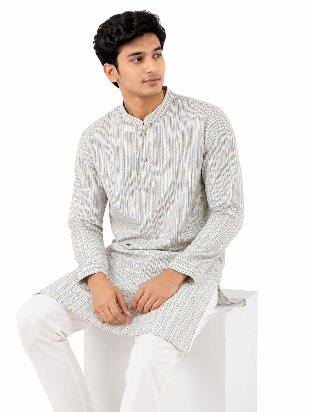 Striped Cotton Panjabi – Light Blue