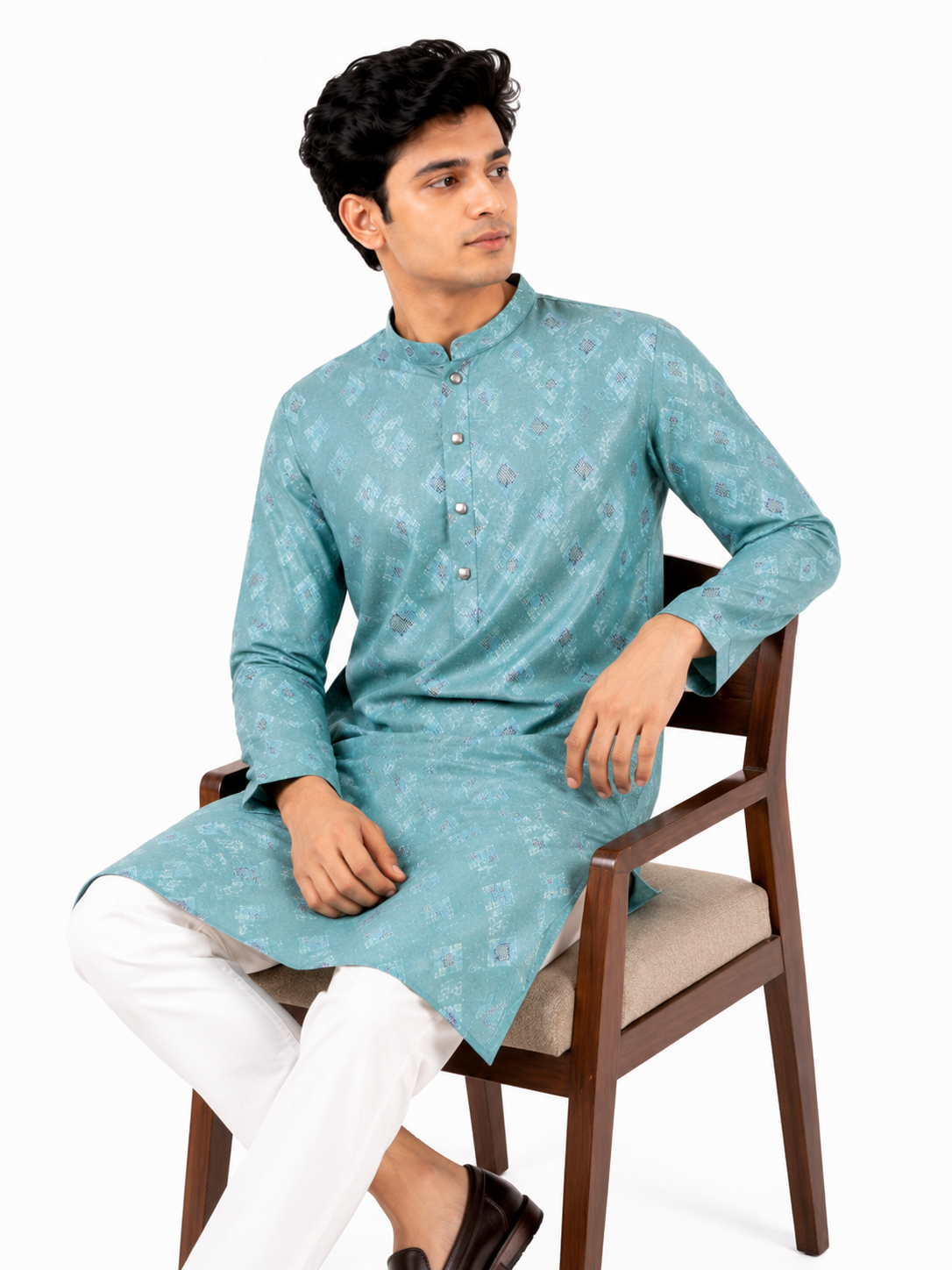 Aqua Blue Geometric Pattern Panjabi
