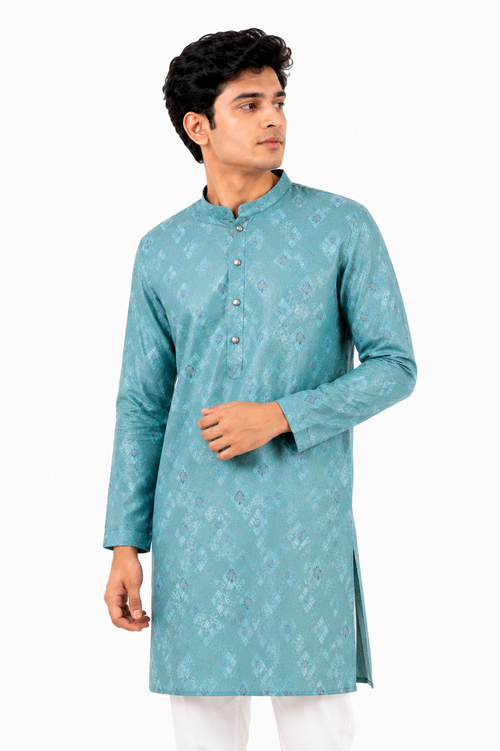 Aqua Blue Geometric Pattern Panjabi