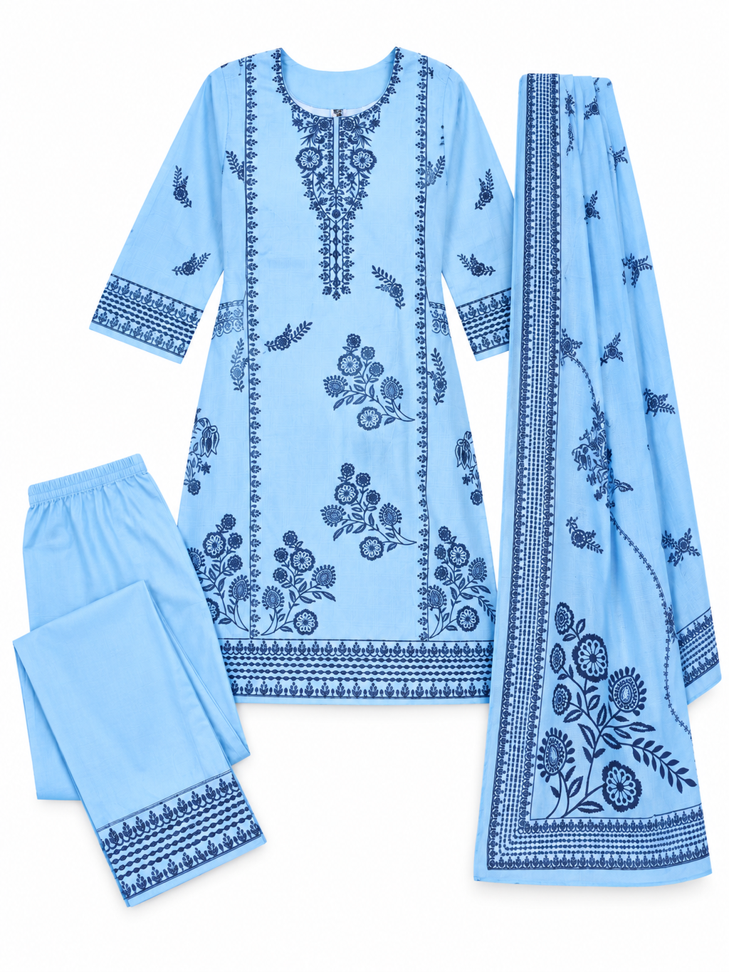 Sky Blue Floral Printed 3-Piece Set