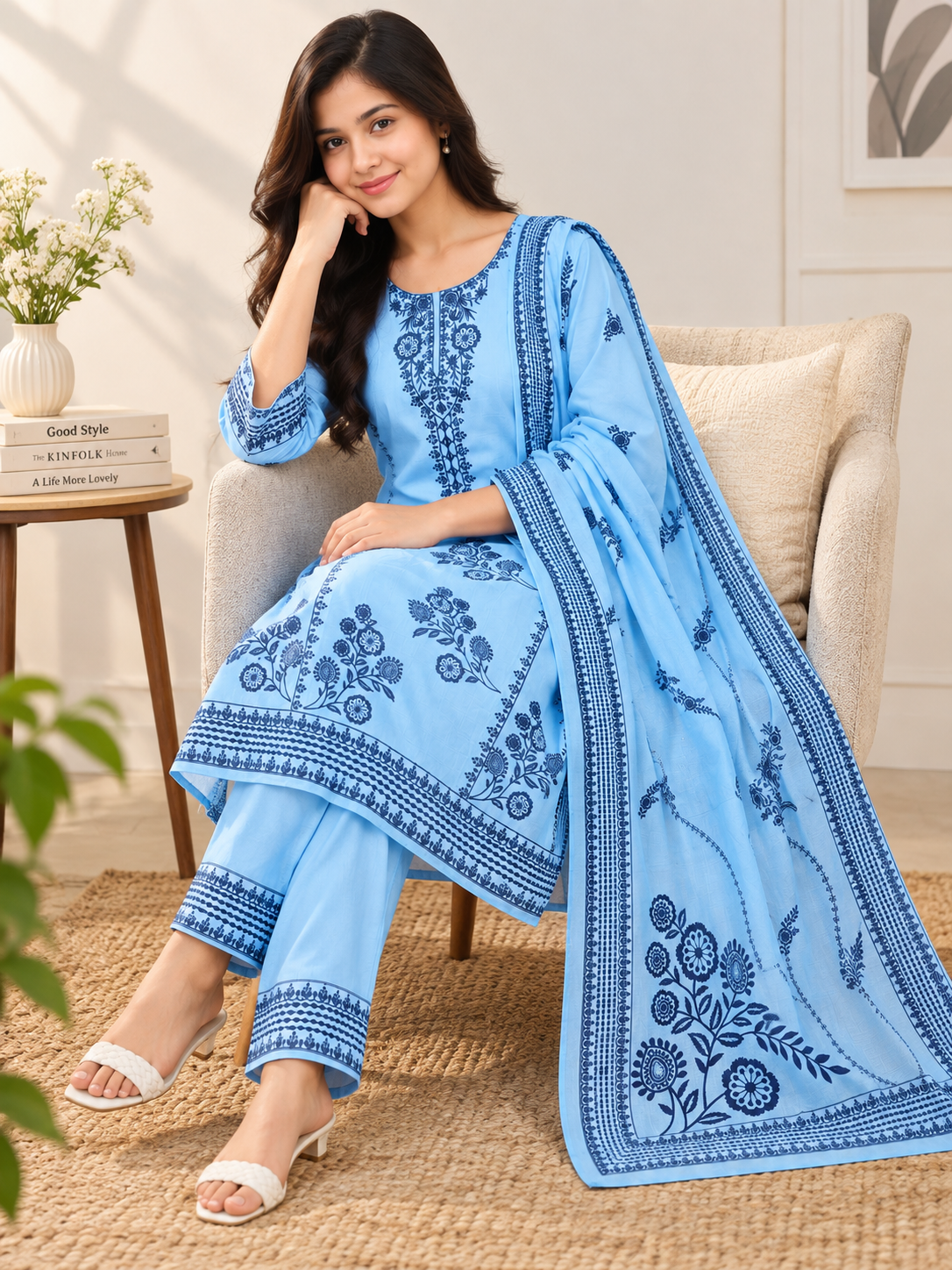Sky Blue Floral Printed 3-Piece Set