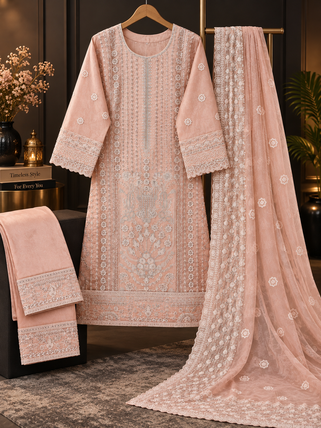 Luxury Blush Pink Embroidered 3-Piece Set