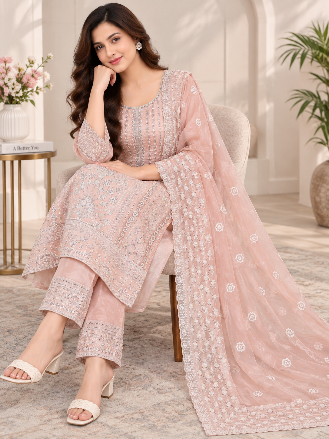 Luxury Blush Pink Embroidered 3-Piece Set