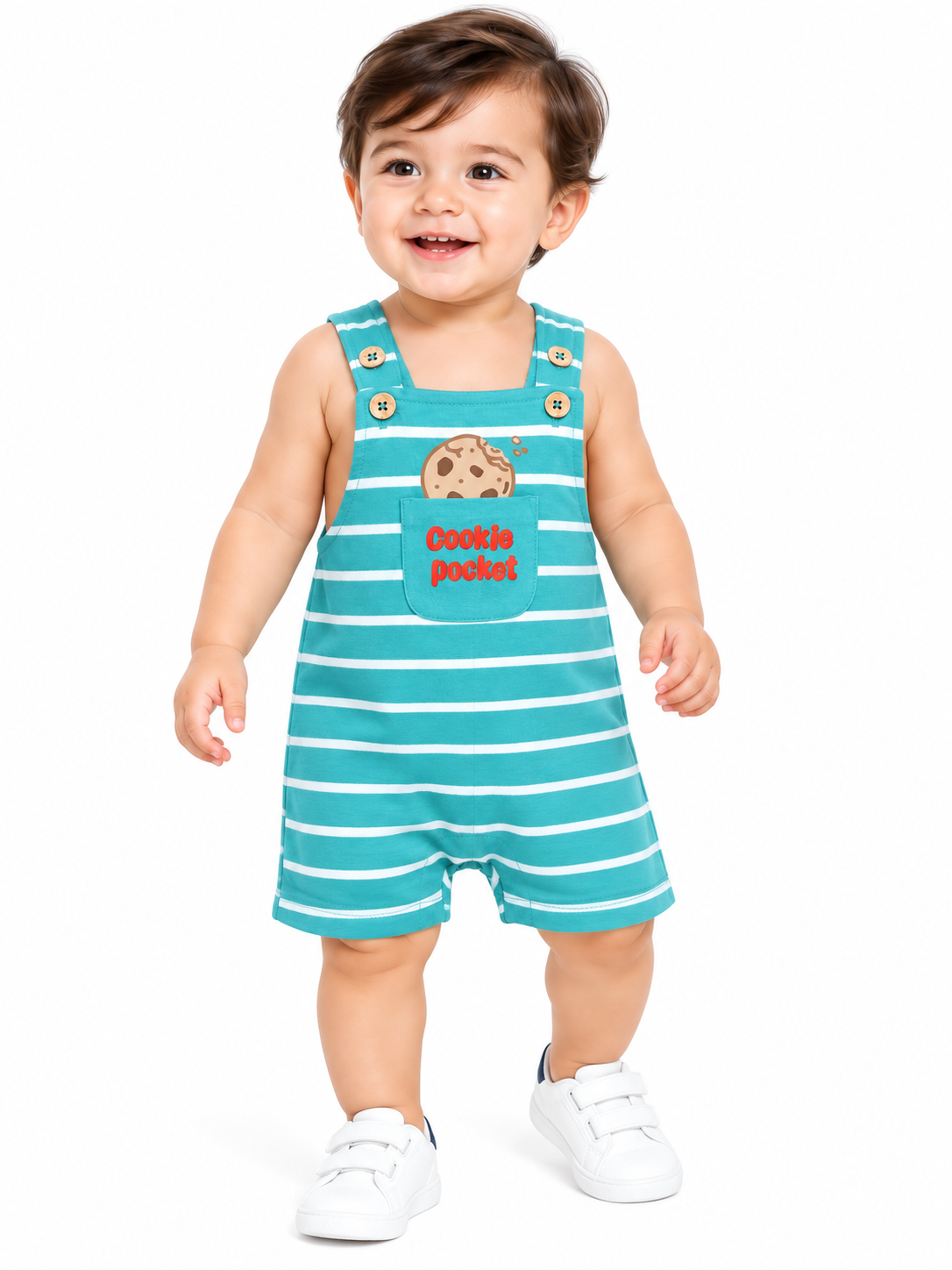Baby Boys’ Teal Striped Cookie Pocket Romper
