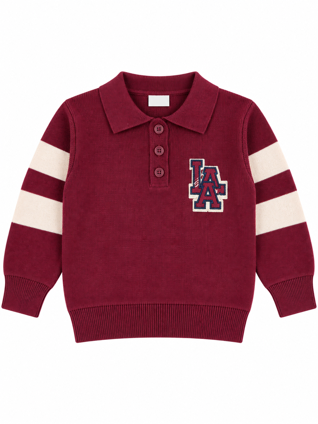 Boys’ Knit Polo Sweater with Contrast Stripes – Burgundy
