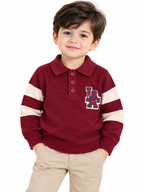 Boys’ Knit Polo Sweater with Contrast Stripes – Burgundy