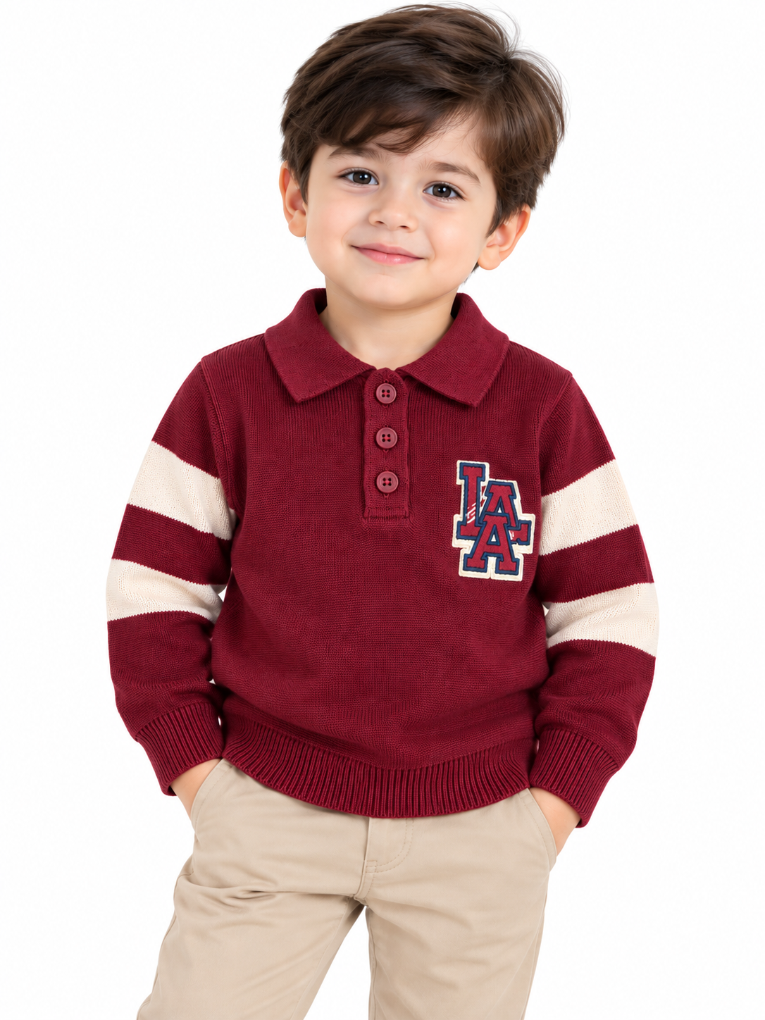 Boys’ Knit Polo Sweater with Contrast Stripes – Burgundy