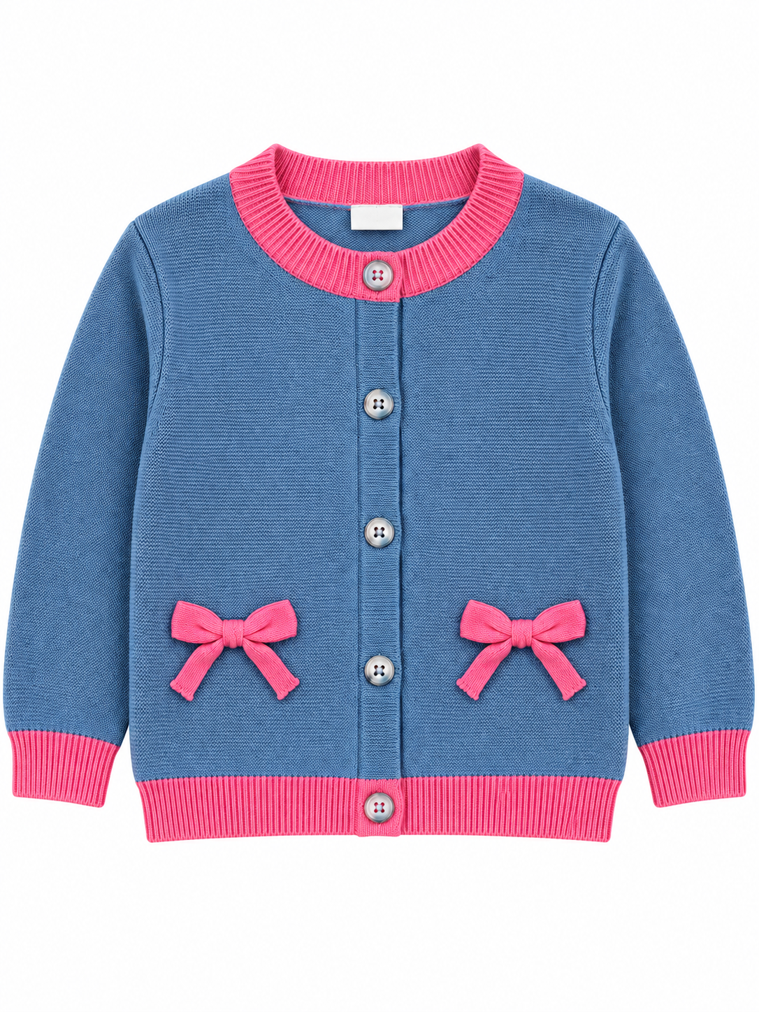 Girls’ Knitted Cardigan with Pink Bow Details – Blue