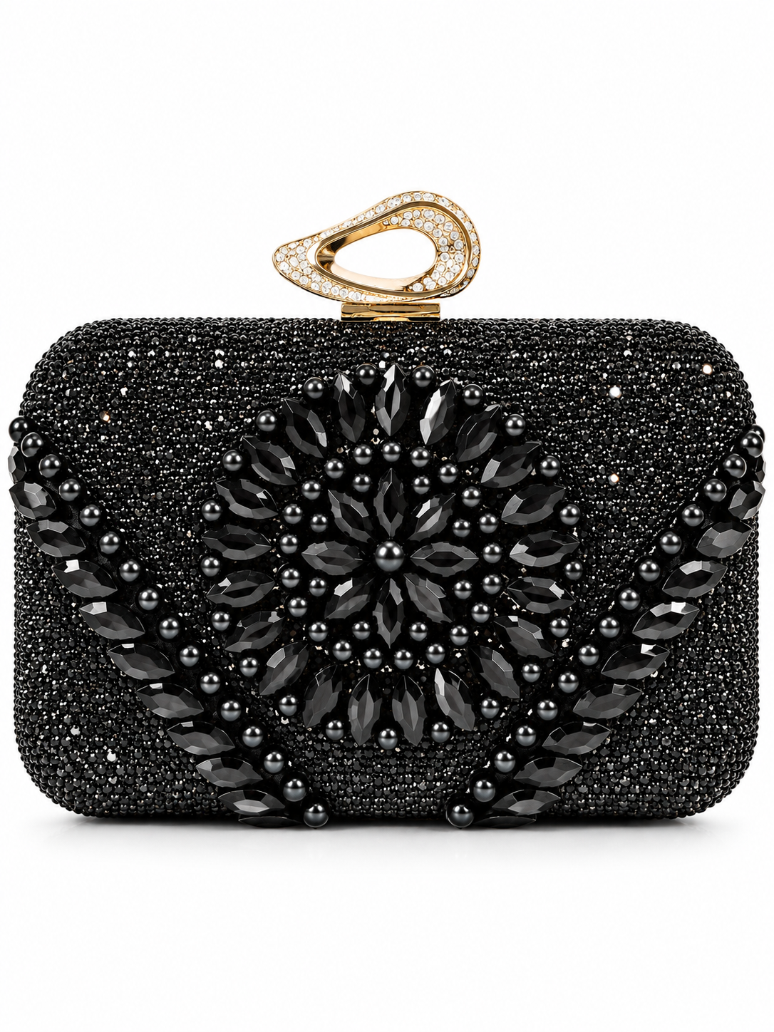 Black Pearl & Crystal Floral Embellished Clutch