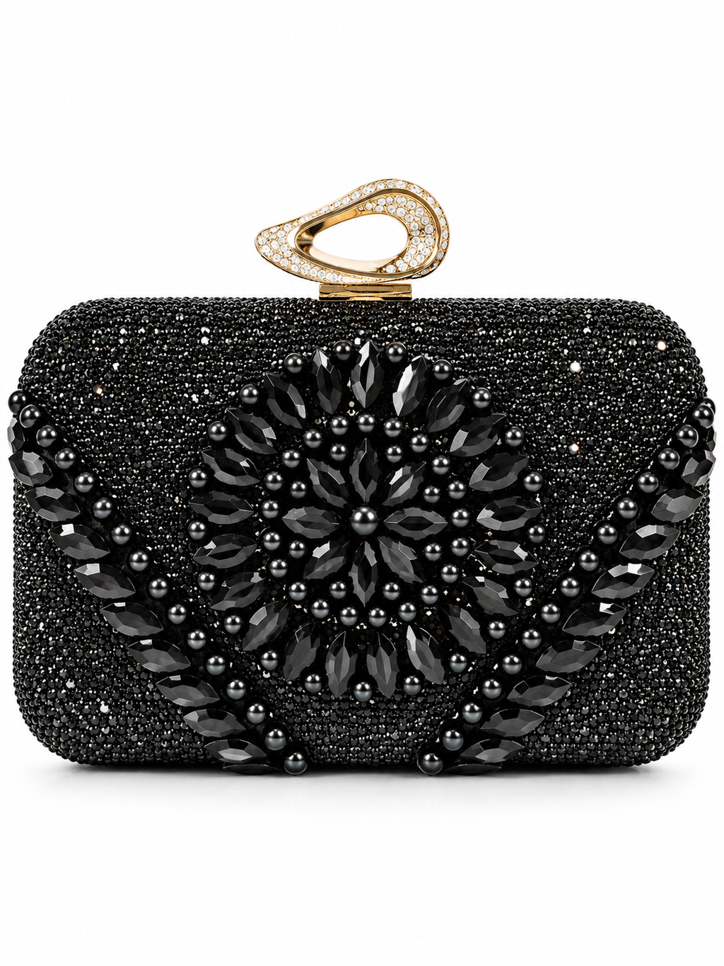 Black Pearl & Crystal Floral Embellished Clutch