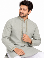 Premium Embroidered Jacquard Panjabi – Sage Grey