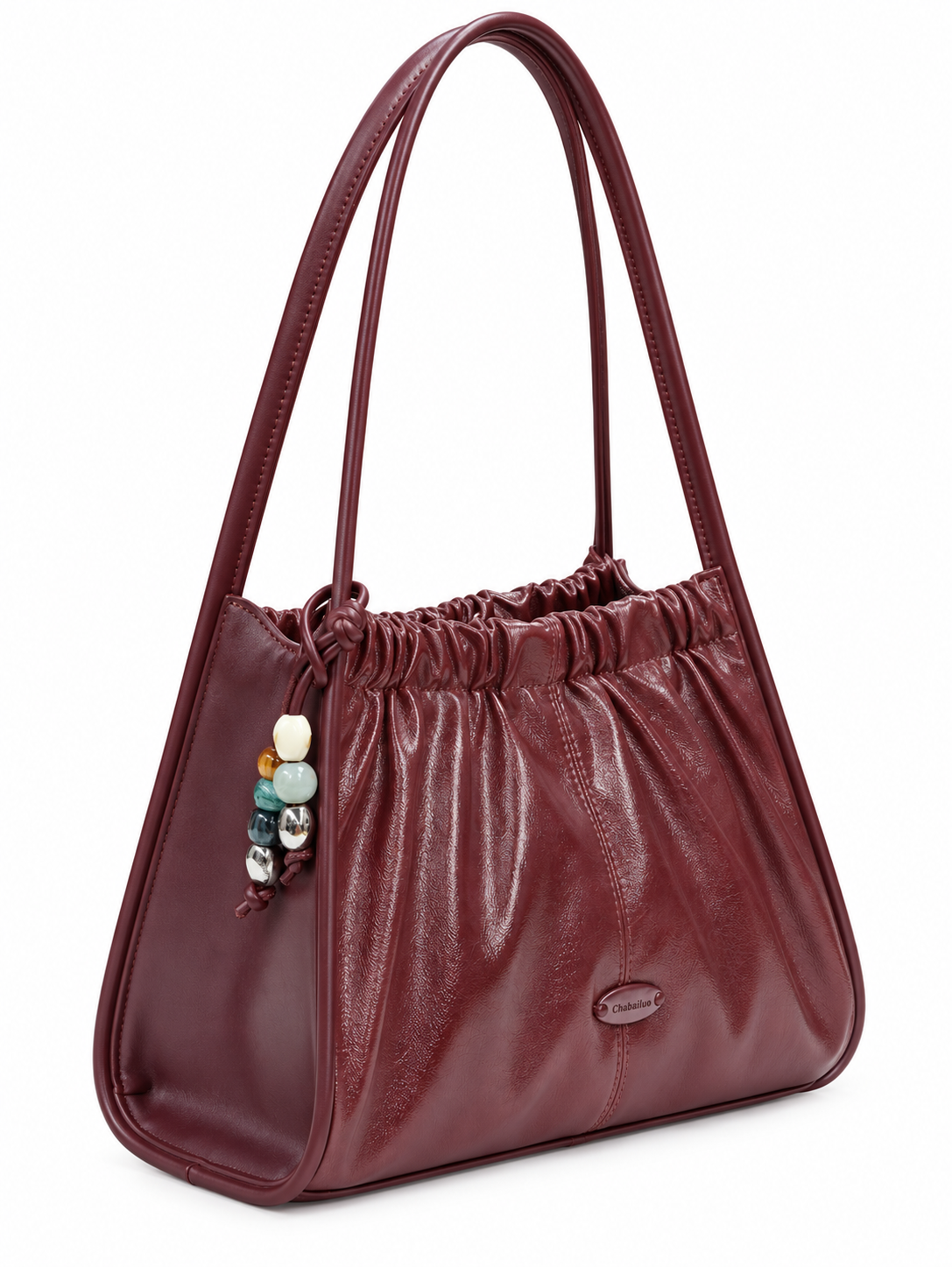 Chrisbella Burgundy Ruched Leather Handbag