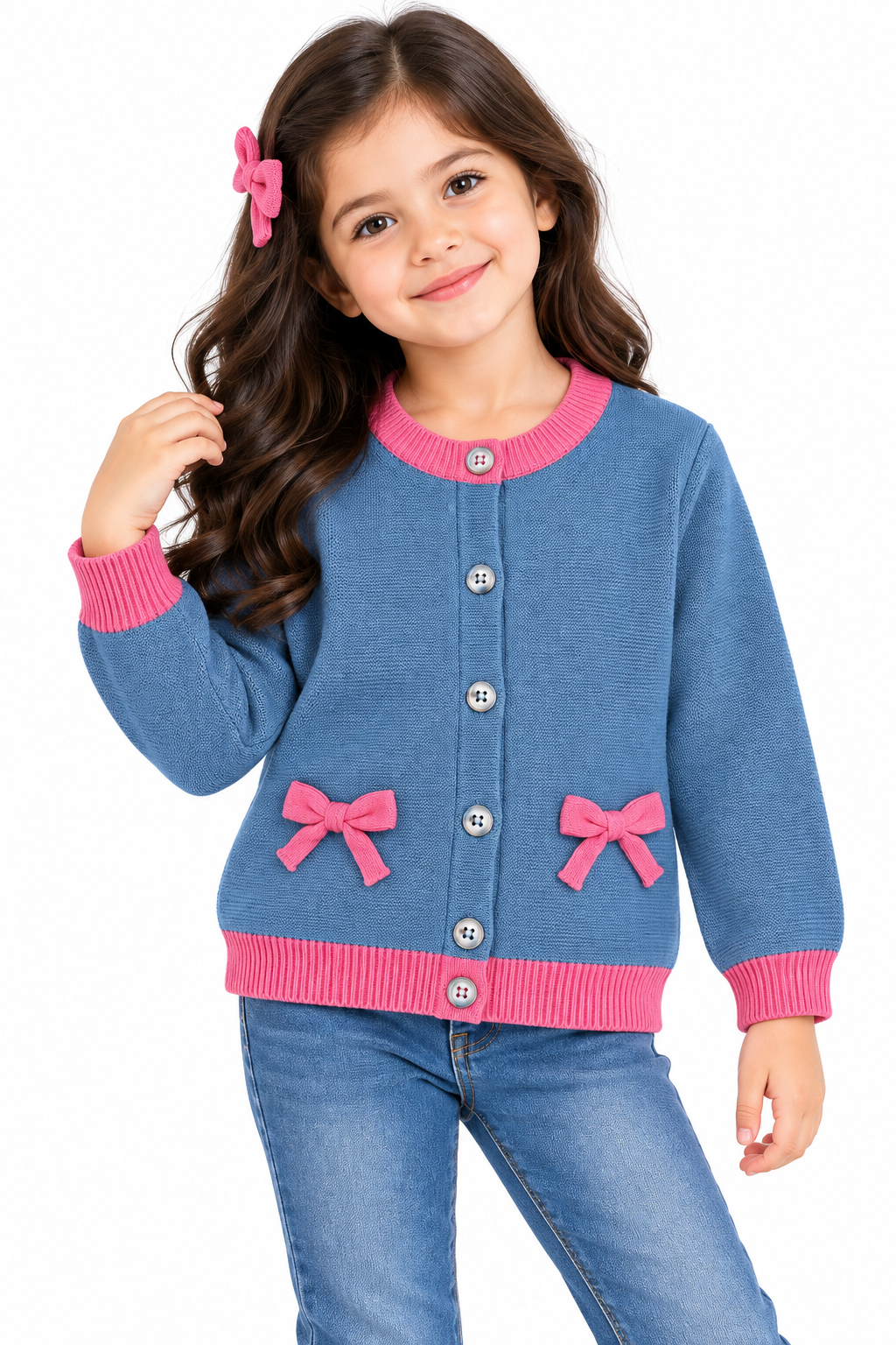 Girls’ Knitted Cardigan with Pink Bow Details – Blue