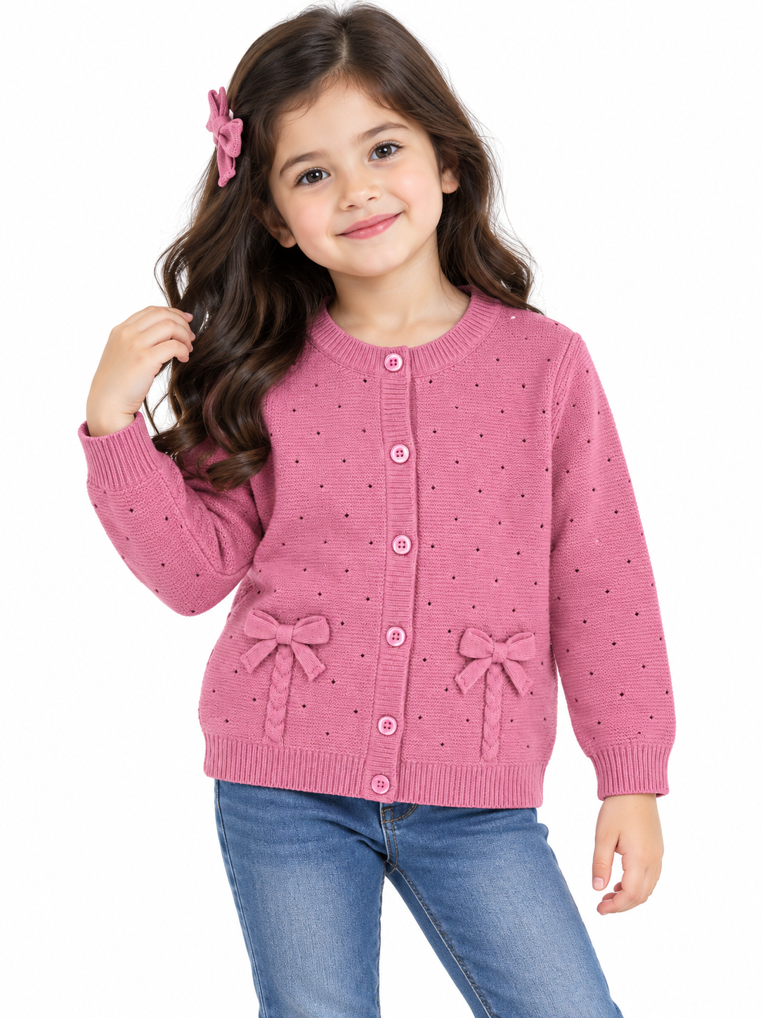 Girls’ Knitted Bow Detail Cardigan – Dusty Pink