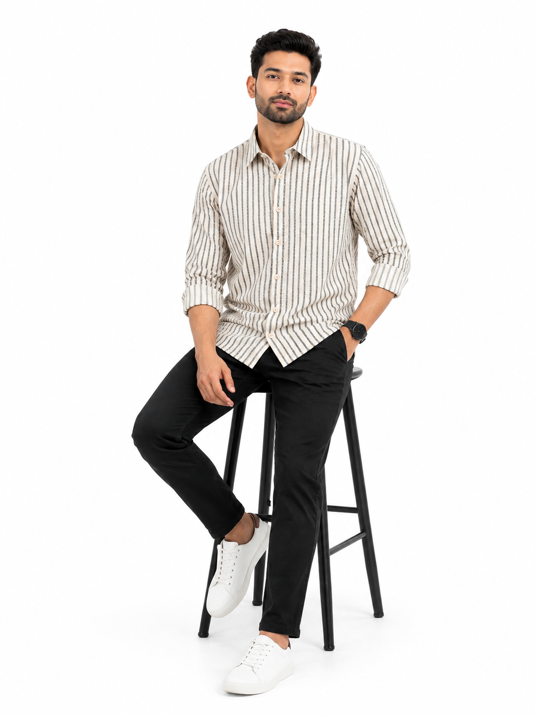 Cream Vertical Stripe Casual Shirt