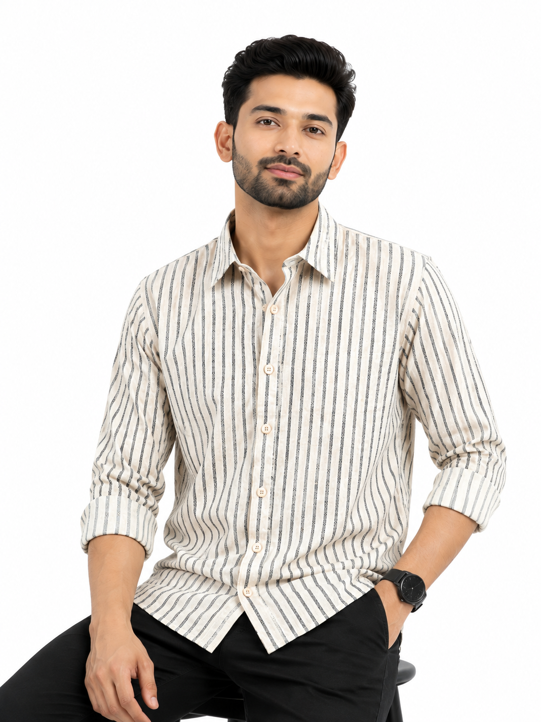 Cream Vertical Stripe Casual Shirt