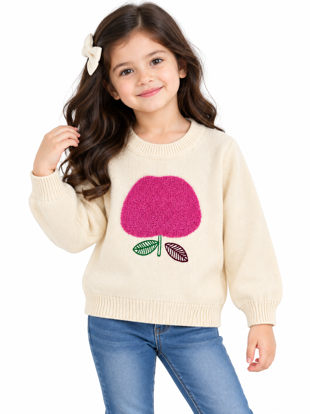Girls’ Cozy Knit Sweater with Flower Design – Ivory